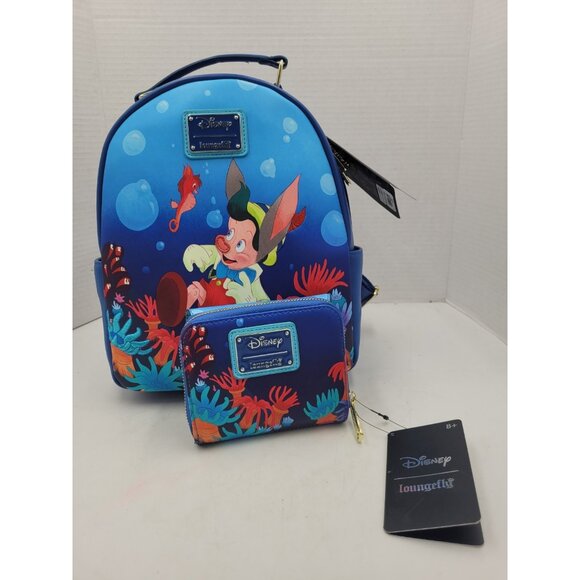 Loungefly Disney Pinocchio Mini Backpack Bag Underwater With Wallet NEW main image 12